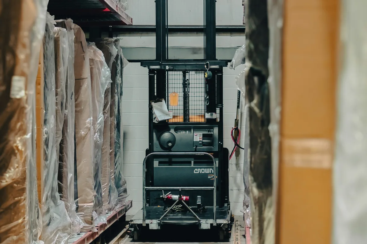 Warehouse shelves representing inventory management software